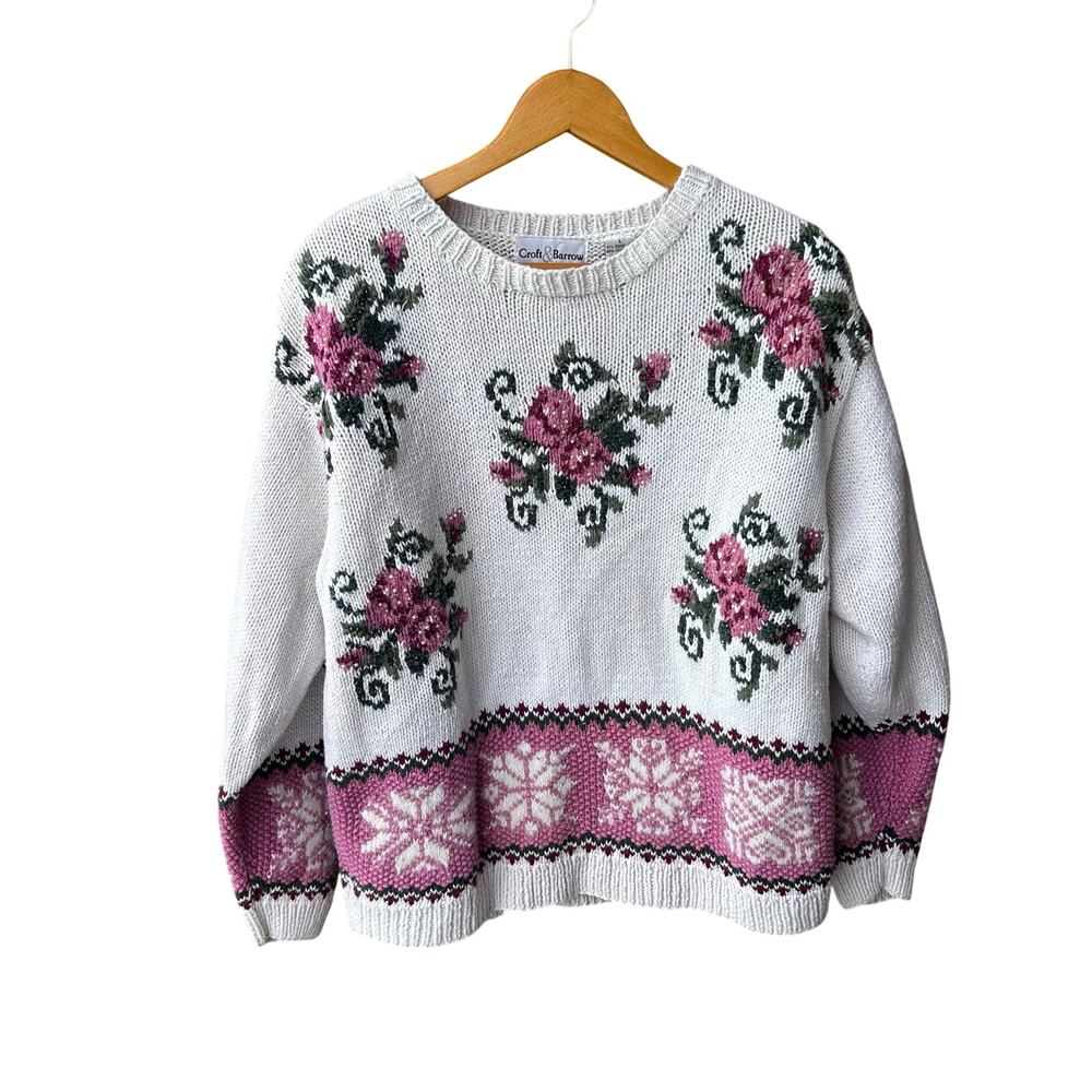 Vintage Chunky Hand Knit Floral Sweater Size Womens Large